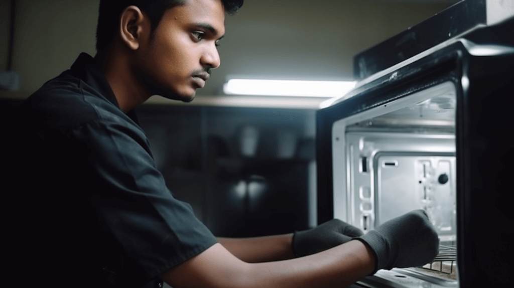 a service man doing inspection for installation of microwave oven