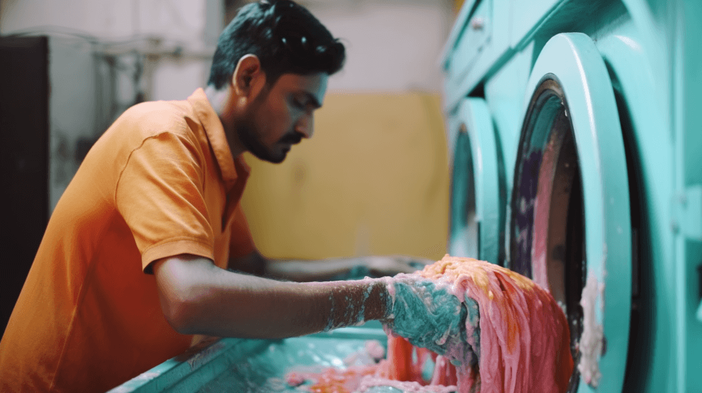Indian man handling delicate fabrics in washing machine