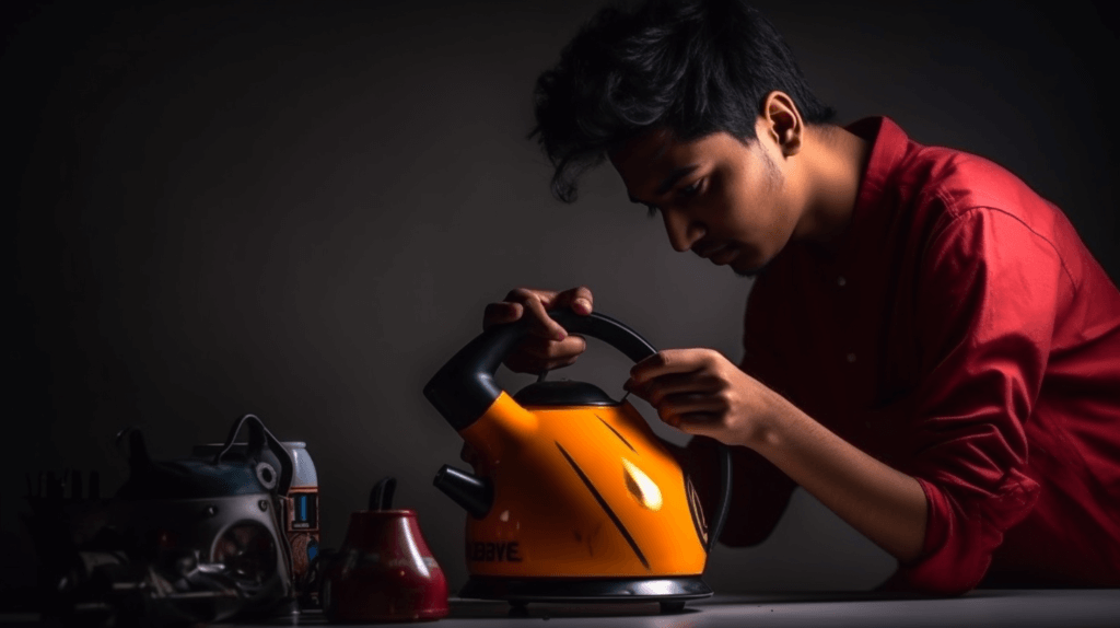 an indian guy repairing electric kettle